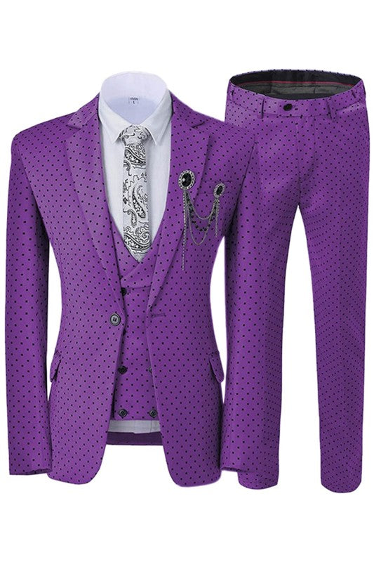 Maximilian Latest Arrival Plum Notched Lapel Three-Piece Polka Dot Prom Attire for Men