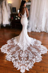 Mermaid Fabulous Floor-Length Stain V-Neck Sleeveless Tulle Wedding Dresses with Appliques