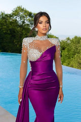 Mermaid Floor-Length High Neck Long Sleeves Beadings Stain Prom Dress with Ruffles