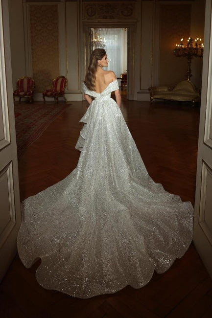 Mermaid Floor-Length Off-The-Shoulder V-Neck Sleeveless A-Line Sequins Wedding Dresses with Ruffles