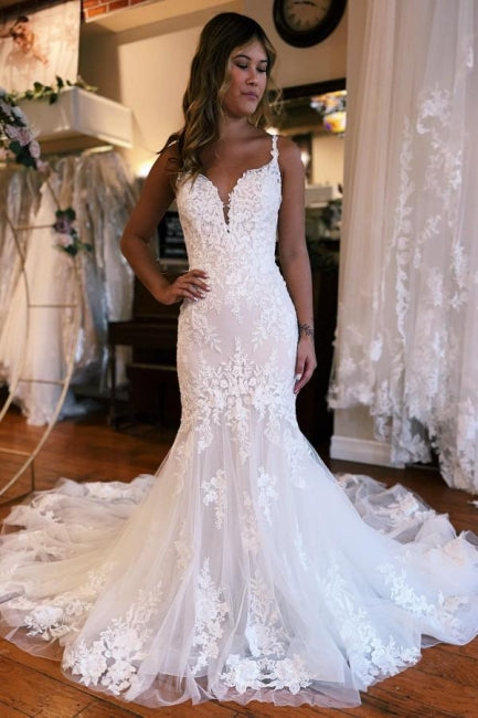 Mermaid Floor-Length Spaghetti Straps Sweetheart Tulle Wedding Dresses with Appliques