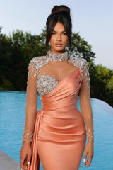 Mermaid Orange Floor-Length High Neck Sweetheart Long Sleeve Prom Dresses with Beadings