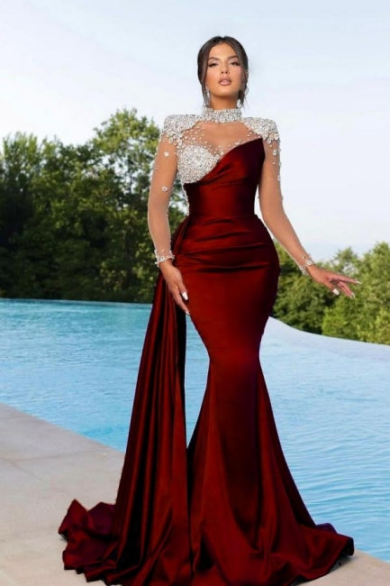 Mermaid Silver Beaded Burgundy Mermaid Prom Dress