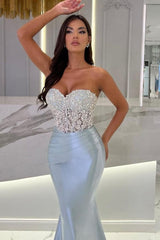 Mermaid Sky Blue Stain Sleeveless Sweetheart Floor-Length Prom Dress with Beadings