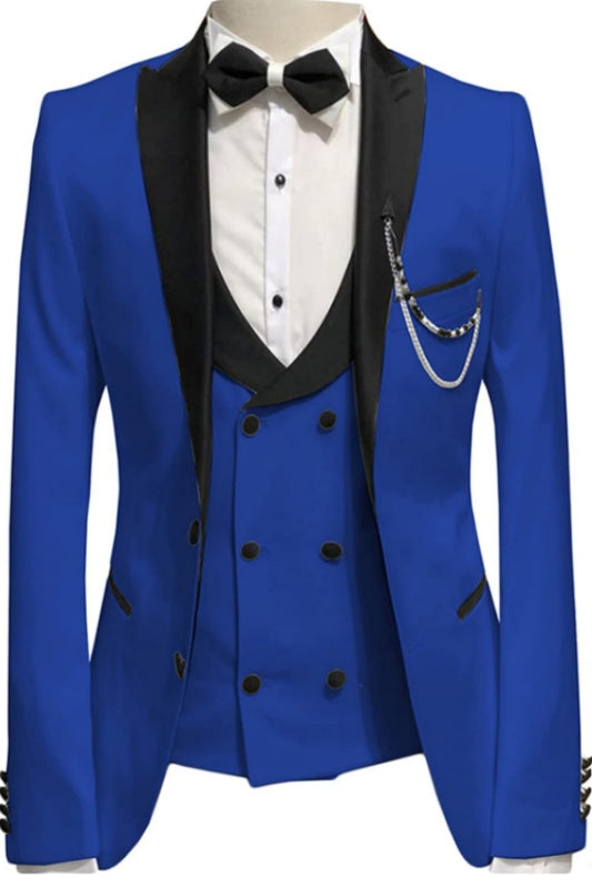 Meryl Royal Blue Peaked Lapel Three-Piece Snug Fit Prom Attire