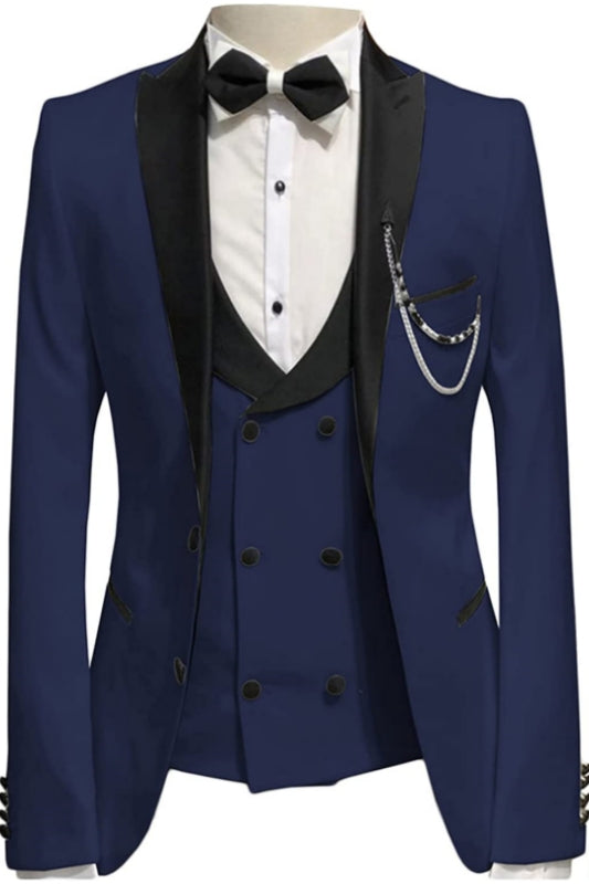 Michael Classic Navy Blue Three-Piece Peaked Lapel Prom Suit