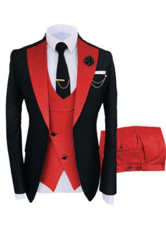 Modern Black Three-Piece Fashion Slim Fit Prom Suit with Red Shawl Lapel