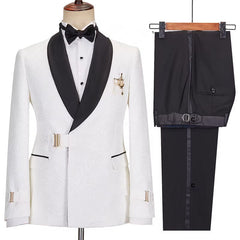 Modern White Jacquard Shawl Collar Wedding Suit with Gold Accent