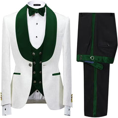 Moses Trendy Green Jacquard Shawl Collar Three-Piece Groom's Outfit