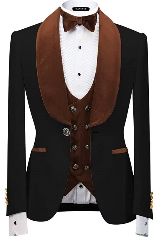 Nat Latest Brown Shawl Collar Three-Piece Velvet Groom's Suit