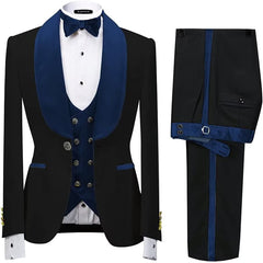 Neal Form-Fitting Navy Blue Shawl Collar Three-Piece Velvet Wedding Outfit