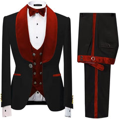 Neil Crimson Shawl Collar Three-Piece Slim Fit Velvet Groom's Suit