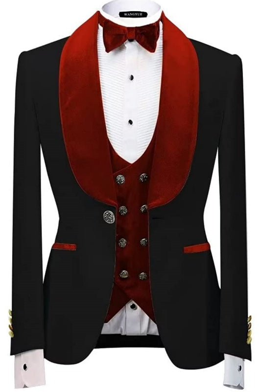 Neil Crimson Shawl Collar Three-Piece Slim Fit Velvet Groom's Suit