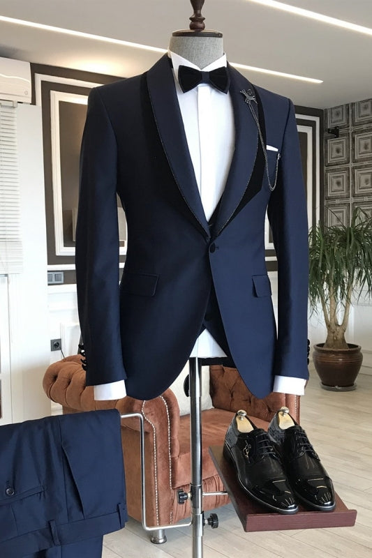 Nelson Navy Blue Shawl Lapel Three-Piece Tailored Suit for Men's Wedding