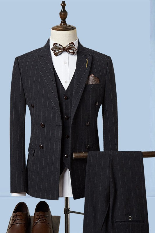 New Arrival Black Striped Single Breasted Three-Piece Peaked Lapel Business Suit