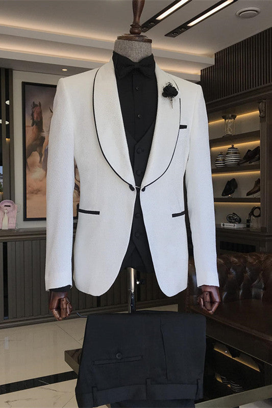 New Release White Three-Piece Jacquard Shawl Lapel Wedding Suit for Men