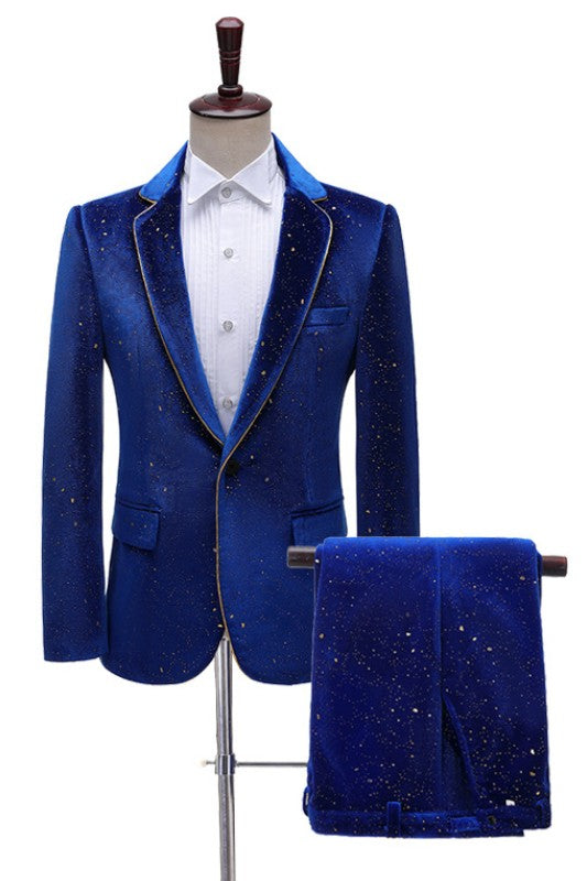 Newest Royal Blue Velvet Two-Piece Notched Lapel Prom Suit With Gold Sequins