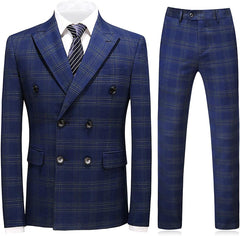 Noah Chic Navy Blue Double Breasted Checkered Men's Business Suit