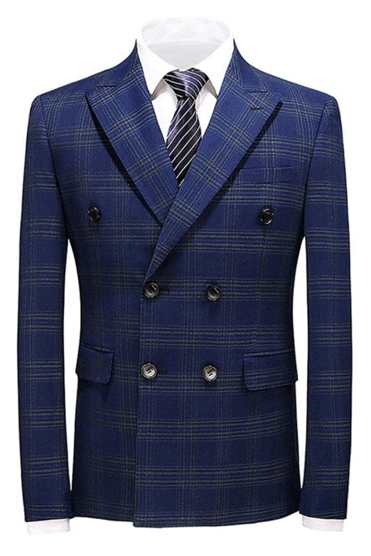 Noah Chic Navy Blue Double Breasted Checkered Men's Business Suit