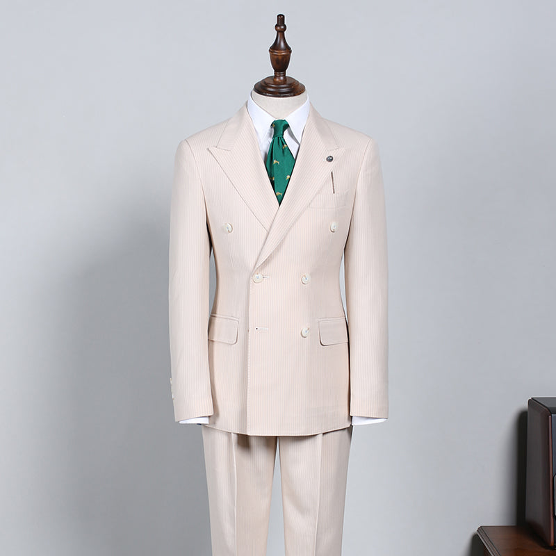 Noah Handsome Light Khaki Striped Double Breasted Custom Suit