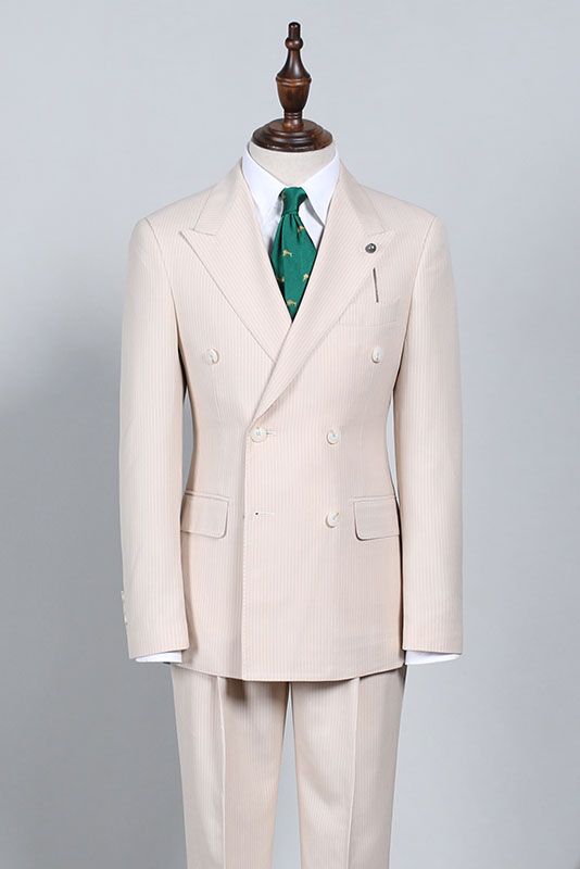 Noah Handsome Light Khaki Striped Double Breasted Custom Suit