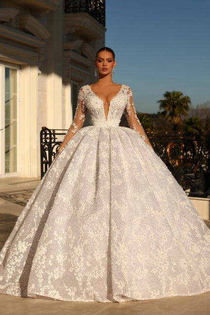 Noble sweetheart 3/4 length sleeves ball gown lace wedding dress rhinestones-misshow.com