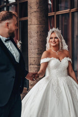 Off-The-Shoulder Sweetheart Stain Ball Gown Wedding Dress with Appliques-misshow.com