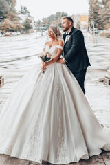 Off-The-Shoulder Sweetheart Stain Ball Gown Wedding Dress with Appliques-misshow.com