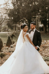 Off the shoulder White Garden Ball Gown Wedding Dress