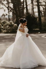 Off the shoulder White Garden Ball Gown Wedding Dress