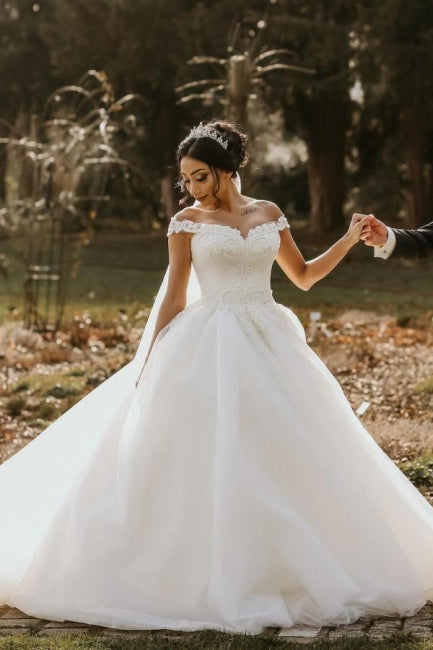 Off the shoulder White Garden Ball Gown Wedding Dress