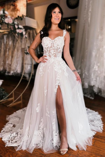 Off the shoulder high split A-line Lace Wedding Dress