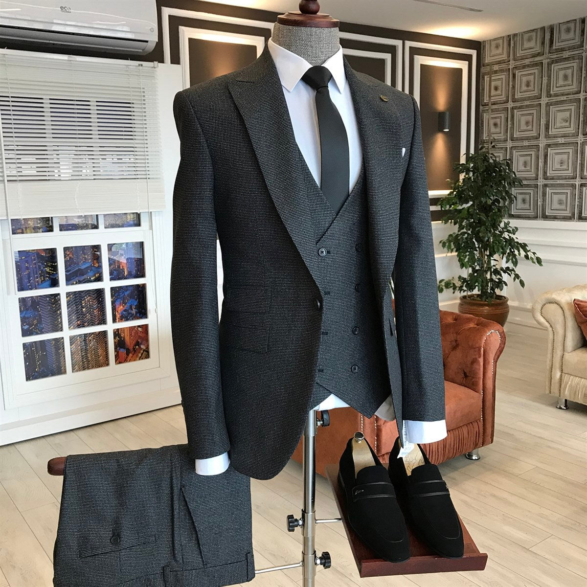 Osmond Black Small Plaid Peak Lapel Double Breasted Waistcoat Custom Suit