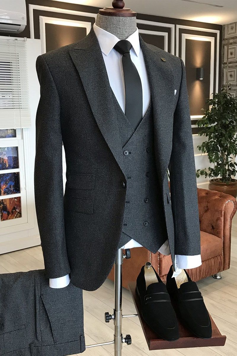 Osmond Black Small Plaid Peak Lapel Double Breasted Waistcoat Custom Suit