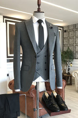 Otto Stylish Dark Gray Small Plaid Peak Lapel Two Flaps Men’s Business Suit