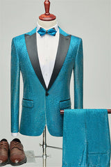 Paddy Fancy Teal Blue Sequined Peaked Lapel Two-Piece Prom Suit