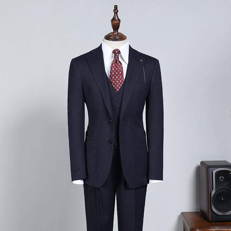 Paddy Regular Navy Blue Three Pieces Slim Fit Custom Business Suit