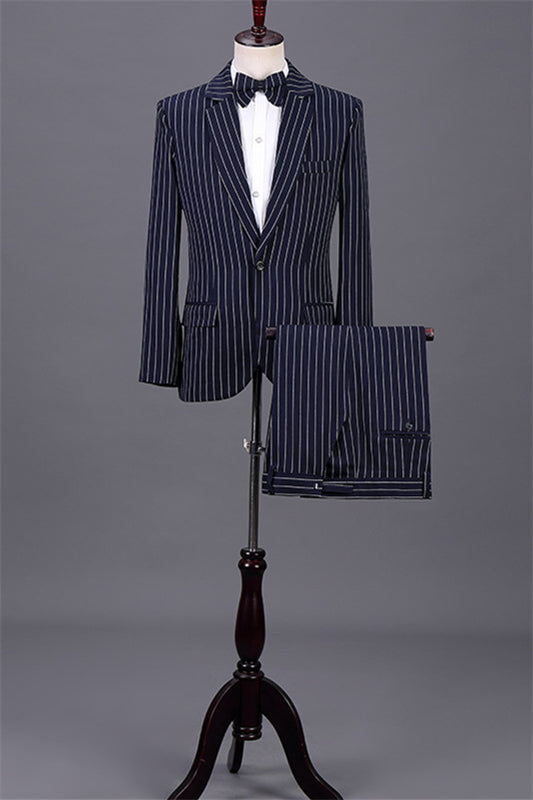 Peter Timeless Navy Blue Notched Lapel Two-Piece Striped Business Attire