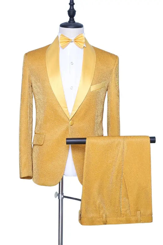 Peterson Stylish Gold Shawl Lapel Two-Piece Velvet Wedding Attire