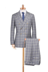 Prescott Gray Plaid Double Breasted Formal Peaked Lapel Business Suit