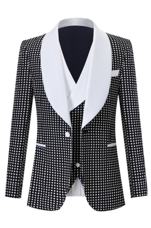 Quennel Custom Black Shawl Collar Three-Piece Wedding Attire With White Polka Dots