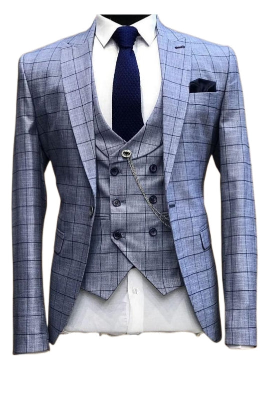 Rachel Custom Blue Lapel Three Piece Plaid Business Suit