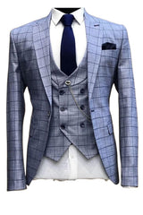 Rachel Custom Blue Lapel Three Piece Plaid Business Suit