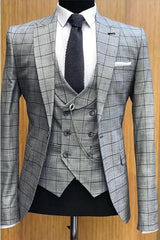 Ralap Classic Gray Plaid Peaked Lapel Three-Piece Business Suit