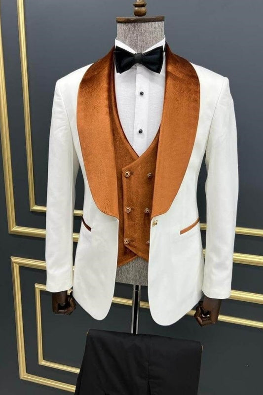 Ray Fashionable White Three-Piece Wedding Suit With Brown Shawl Collar