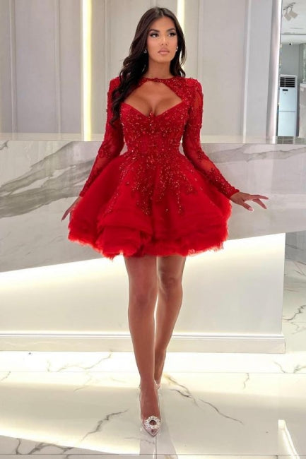 Red Mini A-Line Long Sleeves Ruffles Halter Prom Dresses with Appliques