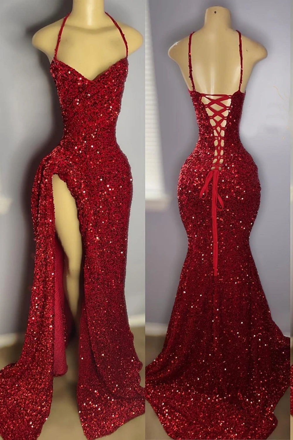 Red Sequins Prom Dress with Slit Shiny Floor-Length Party Dress