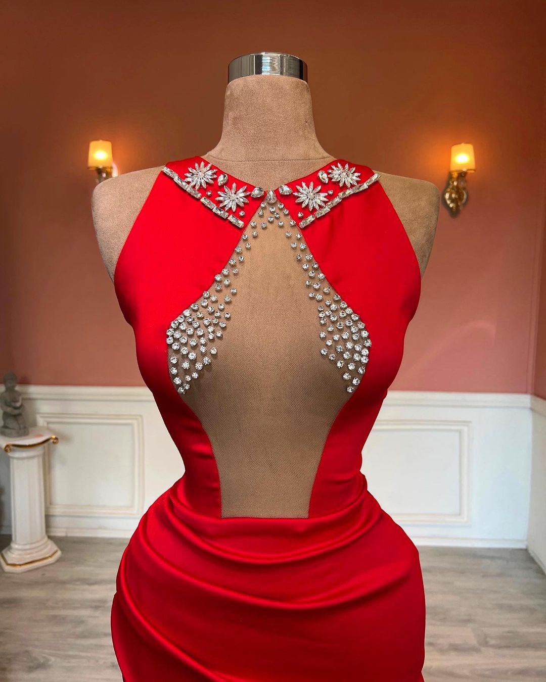 Red Sleeveless Column Beadings Stain Prom Dress with Split