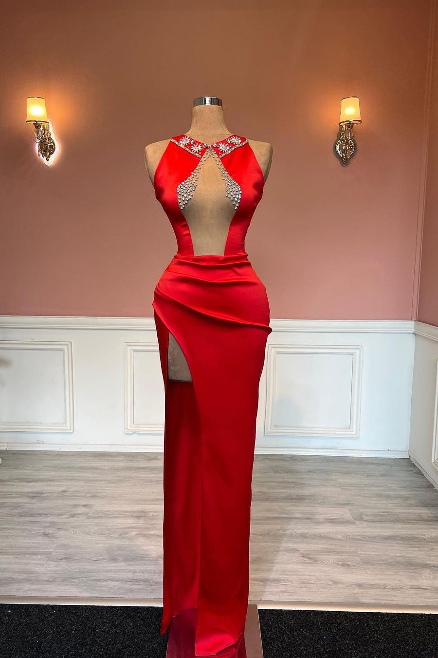 Red Sleeveless Column Beadings Stain Prom Dress with Split