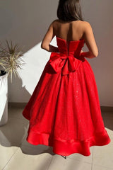 Red Strapless Solid Satin Ball gown Prom Dress